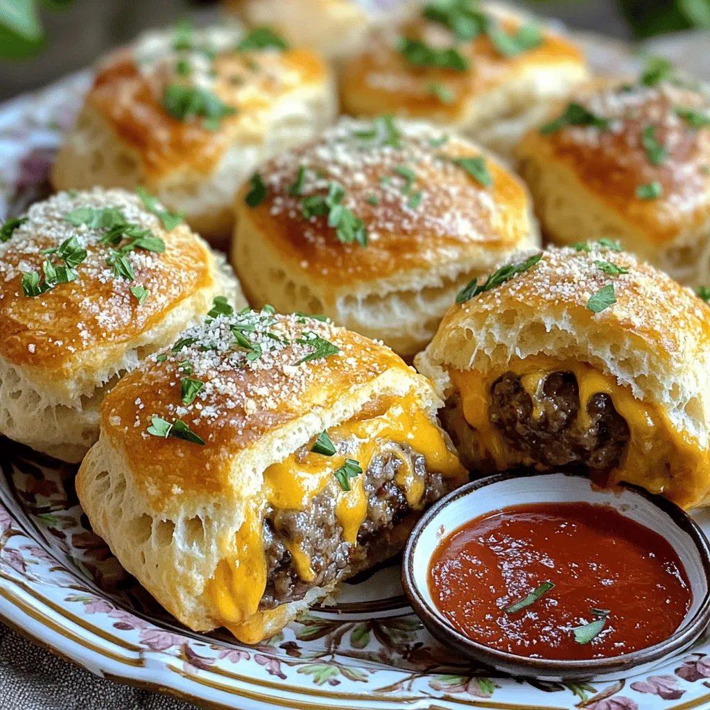 Garlic Parmesan cheeseburger bombs are a fun twist on classic flavors. They are small, tasty bites that combine juicy meatballs and cheesy goodness. You wrap these in biscuit dough and bake them until golden. Each bite bursts with flavor, making them great for any gathering.