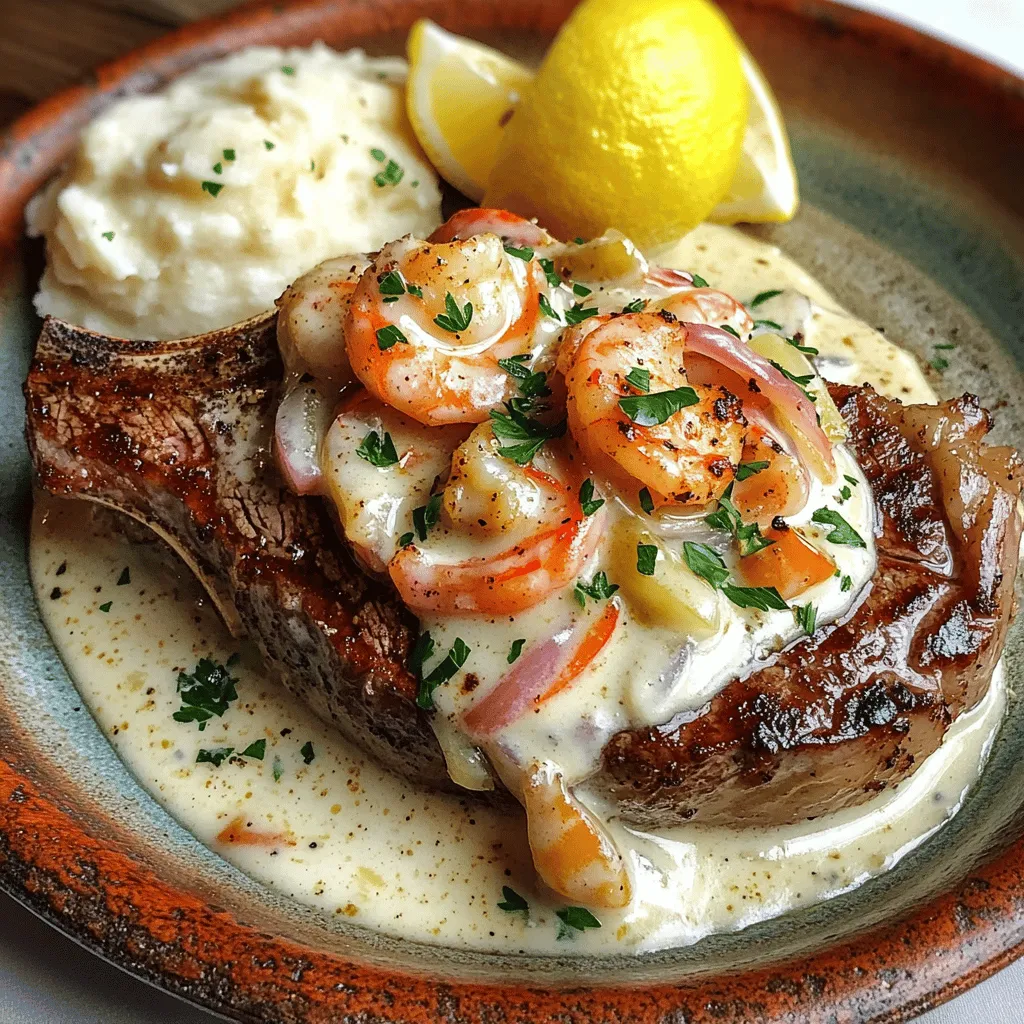 The main ingredients in steak with creamy Cajun shrimp sauce create a big flavor. You need two ribeye steaks, about one inch thick. Ribeye has great marbling, which makes it tender and juicy. Season the steaks with salt and black pepper for taste.