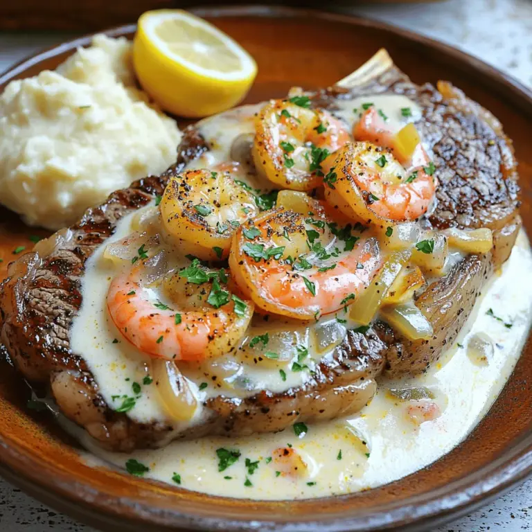 The main ingredients in steak with creamy Cajun shrimp sauce create a big flavor. You need two ribeye steaks, about one inch thick. Ribeye has great marbling, which makes it tender and juicy. Season the steaks with salt and black pepper for taste.