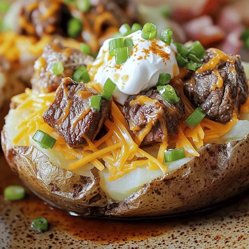 For a loaded baked potato recipe, you need a few key ingredients. Start with large russet potatoes. They are the best choice for baking due to their fluffy texture. You'll also need sirloin steak for juicy steak bites. This cut is tender and flavorful. Olive oil, garlic powder, and smoked paprika add great taste to the steak. Don't forget the toppings! Shredded cheddar cheese, sour cream, and green onions are must-haves. Bacon can add a nice crunch too.