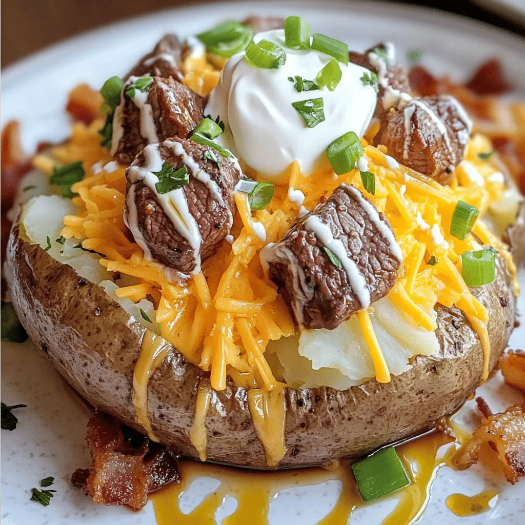 For a loaded baked potato recipe, you need a few key ingredients. Start with large russet potatoes. They are the best choice for baking due to their fluffy texture. You'll also need sirloin steak for juicy steak bites. This cut is tender and flavorful. Olive oil, garlic powder, and smoked paprika add great taste to the steak. Don't forget the toppings! Shredded cheddar cheese, sour cream, and green onions are must-haves. Bacon can add a nice crunch too.