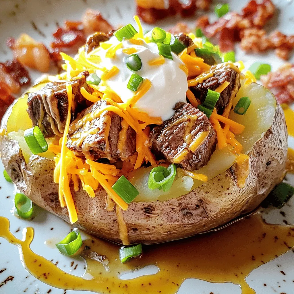 For a loaded baked potato recipe, you need a few key ingredients. Start with large russet potatoes. They are the best choice for baking due to their fluffy texture. You'll also need sirloin steak for juicy steak bites. This cut is tender and flavorful. Olive oil, garlic powder, and smoked paprika add great taste to the steak. Don't forget the toppings! Shredded cheddar cheese, sour cream, and green onions are must-haves. Bacon can add a nice crunch too.