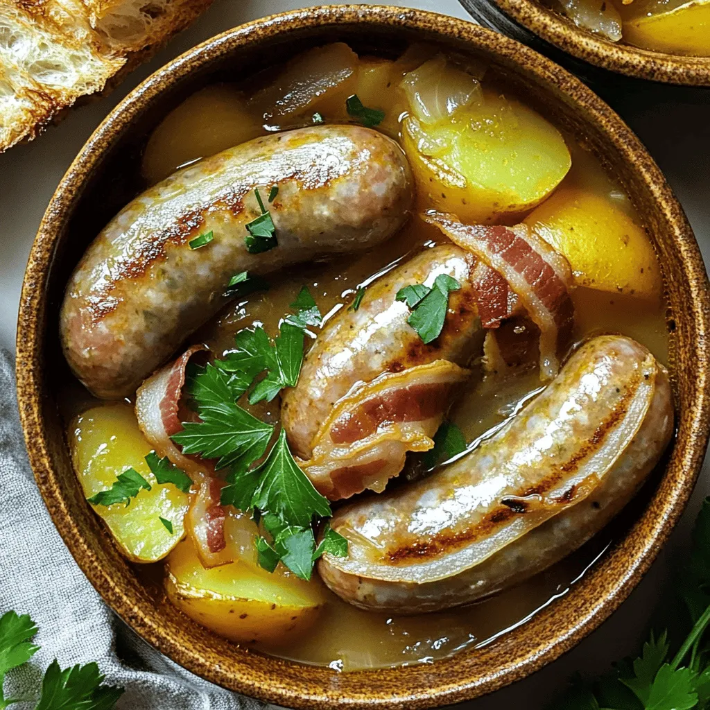 To make a warm bowl of Dublin coddle, you need a few key ingredients. First, you want to use a pound of pork sausages. Irish bangers are the best choice. They are juicy and full of flavor. Next, you will need four slices of bacon, chopped into small pieces. This will add a nice, smoky taste to the dish.
