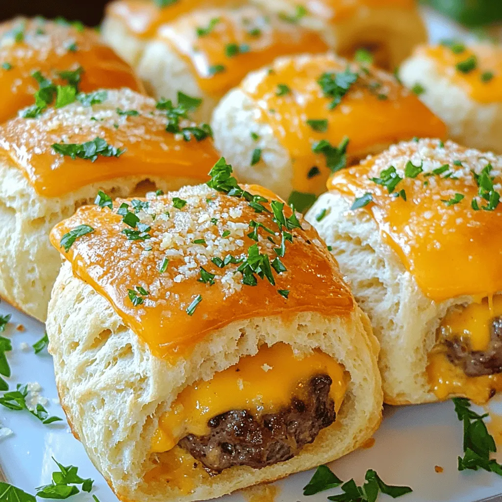 Garlic Parmesan cheeseburger bombs are tasty bites filled with beef and cheese. They use simple ingredients and are super easy to make. You start with ground beef, add spices, and mix it all up. Then, you wrap the meatballs in biscuit dough. Once baked, they turn golden and crispy.