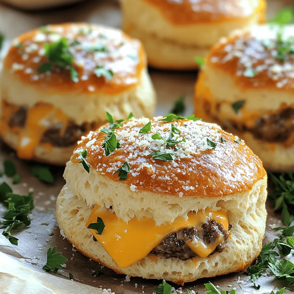 Garlic Parmesan cheeseburger bombs are tasty bites filled with beef and cheese. They use simple ingredients and are super easy to make. You start with ground beef, add spices, and mix it all up. Then, you wrap the meatballs in biscuit dough. Once baked, they turn golden and crispy.