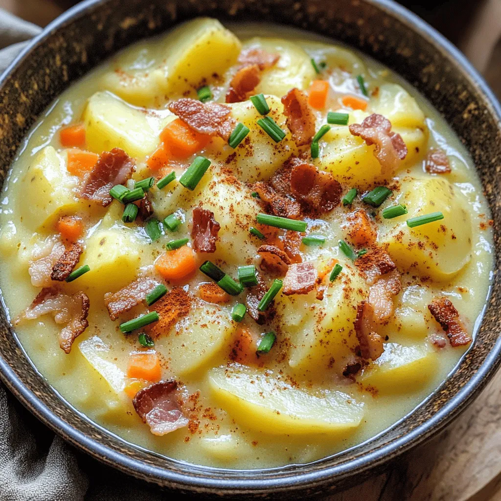 To make a great German potato soup, you need simple, fresh ingredients. The main star is the potato. I suggest using Yukon Gold potatoes. They give a creamy texture and a rich taste. Next, you will need a large onion. A finely chopped onion adds depth to the soup. Garlic is also key. Just two cloves, minced, will enhance the flavor.