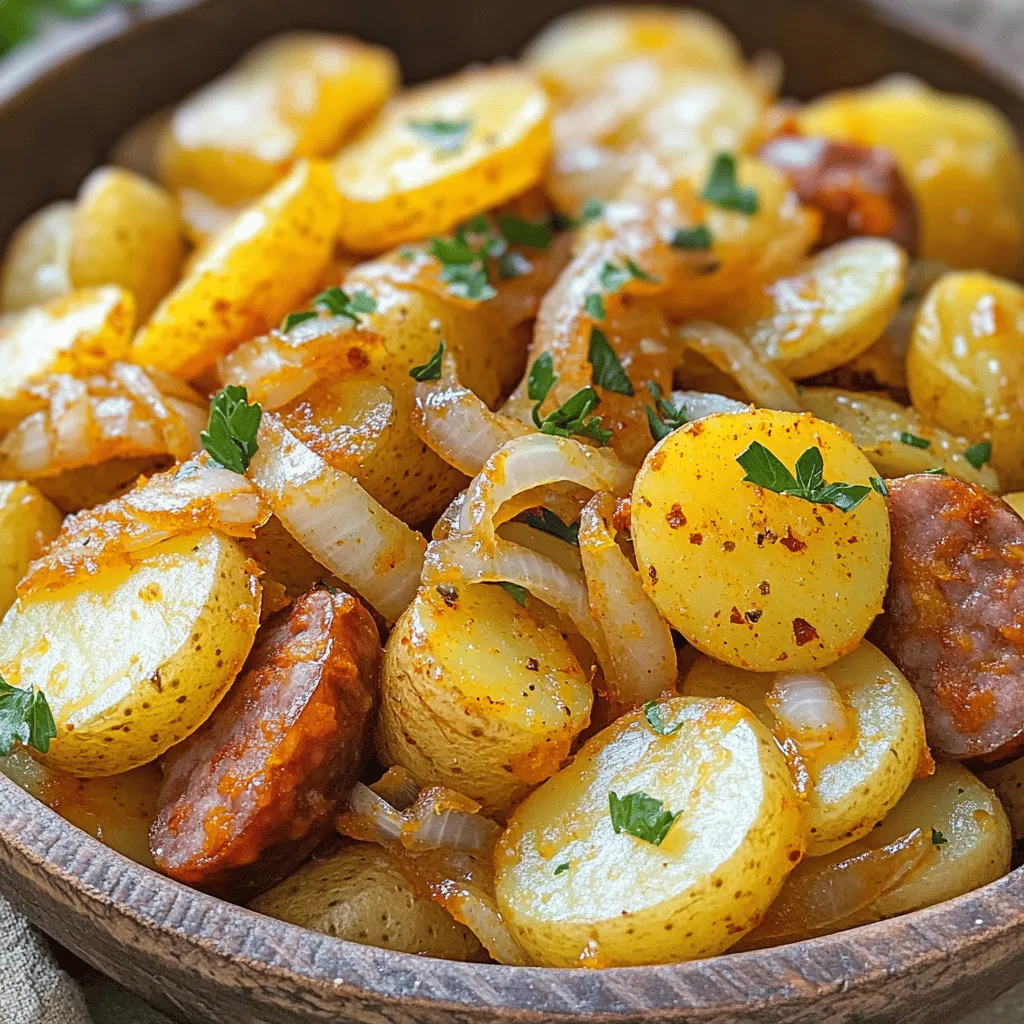 To make this tasty dish, you need just a few simple ingredients. Gather 4 medium-sized potatoes, one pound of smoked Polish sausage, one medium onion, and three cloves of garlic. You will also need vegetable oil, paprika, black pepper, and salt. Lastly, grab some fresh parsley for garnish. These ingredients create a rich and hearty meal.