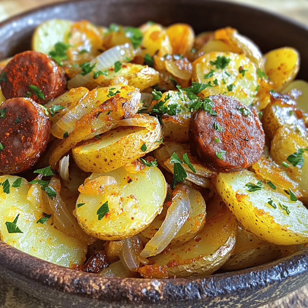 To make this tasty dish, you need just a few simple ingredients. Gather 4 medium-sized potatoes, one pound of smoked Polish sausage, one medium onion, and three cloves of garlic. You will also need vegetable oil, paprika, black pepper, and salt. Lastly, grab some fresh parsley for garnish. These ingredients create a rich and hearty meal.