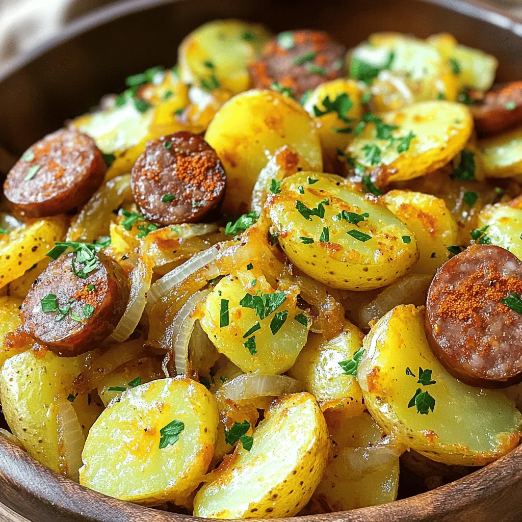 To make this tasty dish, you need just a few simple ingredients. Gather 4 medium-sized potatoes, one pound of smoked Polish sausage, one medium onion, and three cloves of garlic. You will also need vegetable oil, paprika, black pepper, and salt. Lastly, grab some fresh parsley for garnish. These ingredients create a rich and hearty meal.