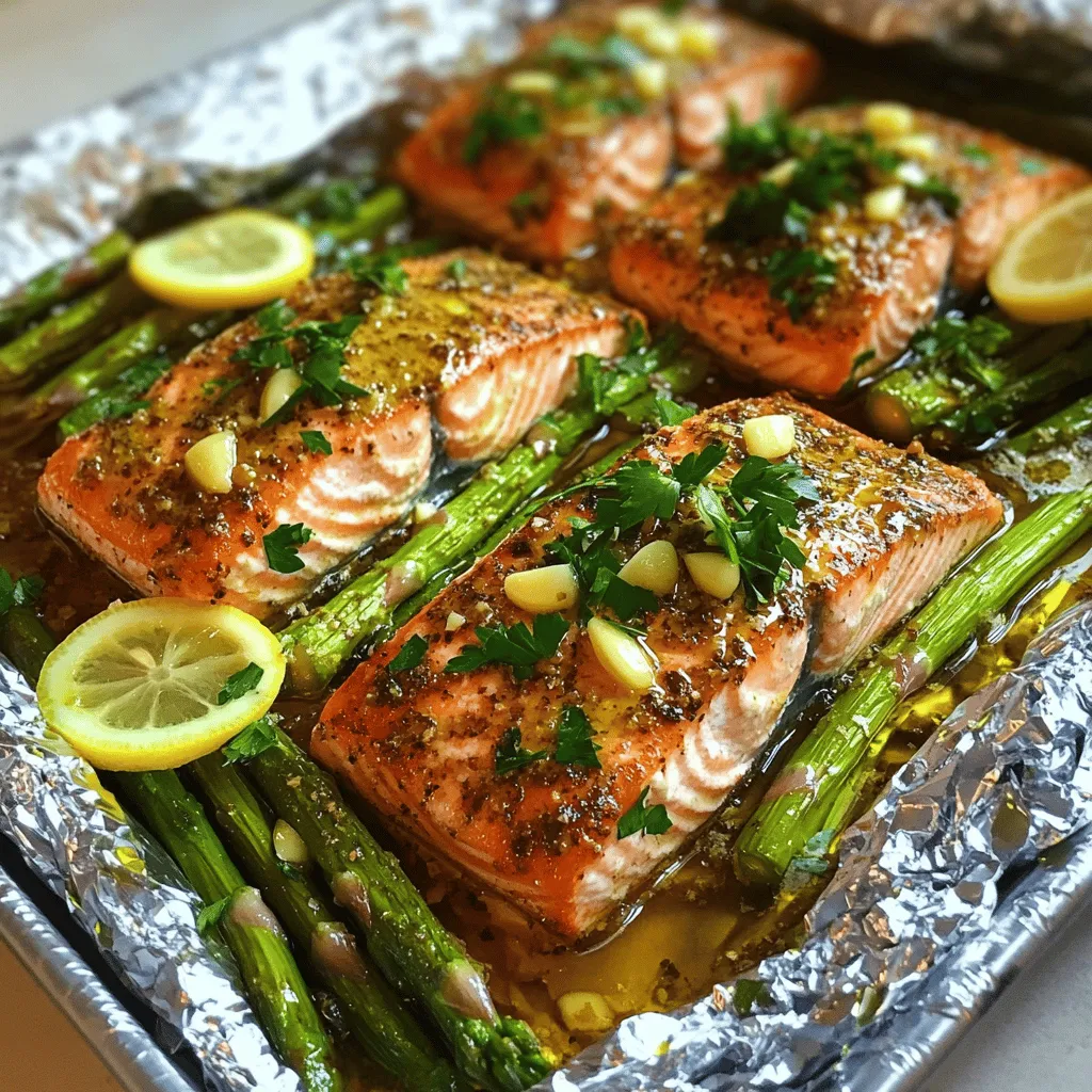 To make baked salmon in foil with asparagus, you need fresh ingredients. The main items are two salmon fillets, about six ounces each. You'll also need one bunch of asparagus, trimmed to fit nicely in the foil. Olive oil adds richness, so two tablespoons of that is essential. Garlic, minced, adds a nice kick, so use two cloves. For flavor, get one lemon and slice it. You will also want one teaspoon each of dried thyme and smoked paprika. Lastly, season with salt and pepper to taste. Fresh parsley works well as a garnish.