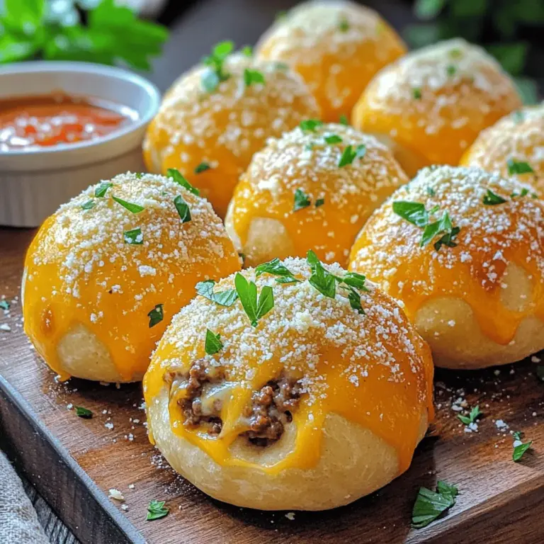 Garlic Parmesan cheeseburger bombs are tasty, fun bites filled with cheese and beef. They combine the best of cheeseburgers and garlic bread. You can think of them as little pockets of joy, perfect for sharing with friends or family.