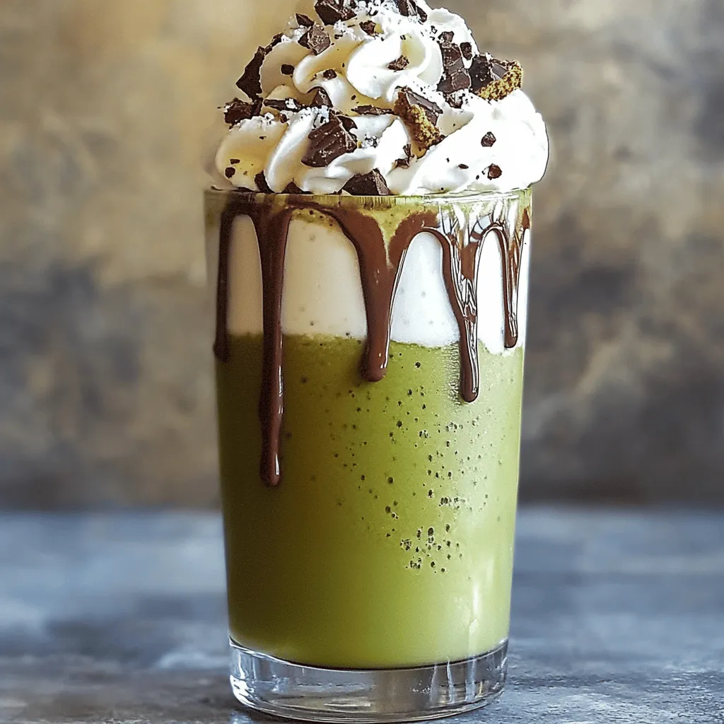 To make a Cookies & Cream Matcha Frappe, you need some key matcha frappe ingredients. The base includes one cup of milk, either dairy or non-dairy. Next, you will need two tablespoons of matcha powder, which gives the drink its vibrant green color and unique flavor. Ice cubes are essential for that chilled texture, so grab about one cup.