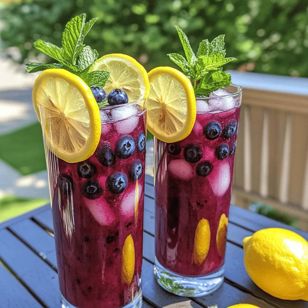 To make blueberry tea lemonade, gather these ingredients. Start with 2 cups of fresh blueberries. You will also need 4 cups of water. Choose 2 black tea bags or your favorite tea. For sweetness, use 1/4 cup of honey. You also need 1/4 cup of fresh lemon juice, which is about 2 lemons. Don't forget 2 cups of ice for serving. Lastly, prepare lemon slices and fresh mint leaves for garnish.