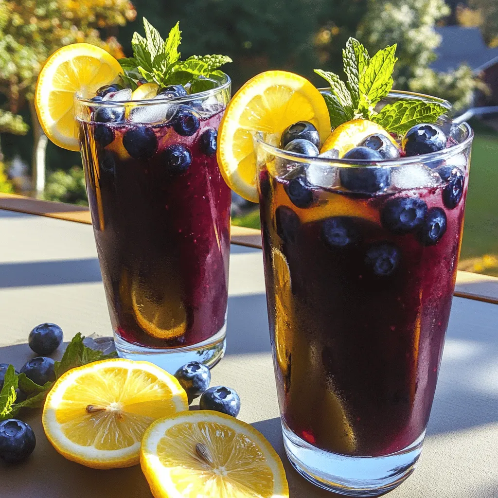To make blueberry tea lemonade, gather these ingredients. Start with 2 cups of fresh blueberries. You will also need 4 cups of water. Choose 2 black tea bags or your favorite tea. For sweetness, use 1/4 cup of honey. You also need 1/4 cup of fresh lemon juice, which is about 2 lemons. Don't forget 2 cups of ice for serving. Lastly, prepare lemon slices and fresh mint leaves for garnish.