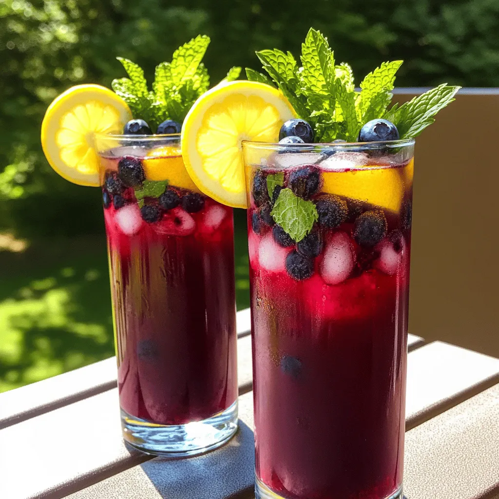 To make blueberry tea lemonade, gather these ingredients. Start with 2 cups of fresh blueberries. You will also need 4 cups of water. Choose 2 black tea bags or your favorite tea. For sweetness, use 1/4 cup of honey. You also need 1/4 cup of fresh lemon juice, which is about 2 lemons. Don't forget 2 cups of ice for serving. Lastly, prepare lemon slices and fresh mint leaves for garnish.