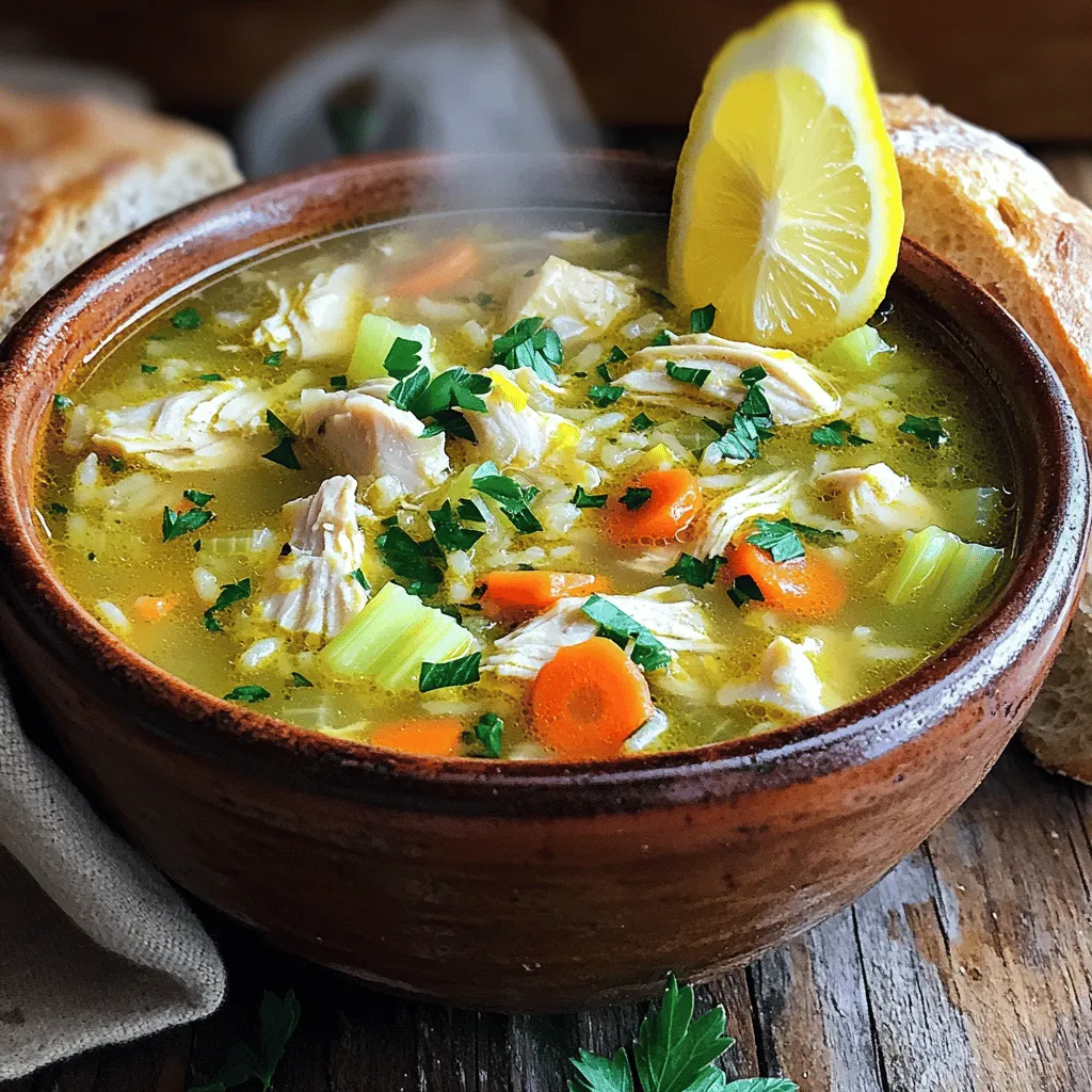 This Chicken Lemon Rice Soup recipe shines with simple and fresh ingredients. You will need 1 pound of boneless, skinless chicken thighs. They give the soup a rich flavor. Next, use 1 tablespoon of olive oil to sauté the chicken and veggies. Onions, garlic, carrots, and celery add depth. You will use 1 medium onion, 2 cloves of garlic, 3 medium carrots, and 2 celery stalks.