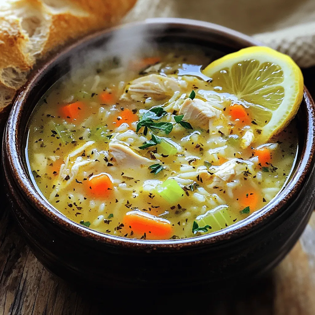 This Chicken Lemon Rice Soup recipe shines with simple and fresh ingredients. You will need 1 pound of boneless, skinless chicken thighs. They give the soup a rich flavor. Next, use 1 tablespoon of olive oil to sauté the chicken and veggies. Onions, garlic, carrots, and celery add depth. You will use 1 medium onion, 2 cloves of garlic, 3 medium carrots, and 2 celery stalks.