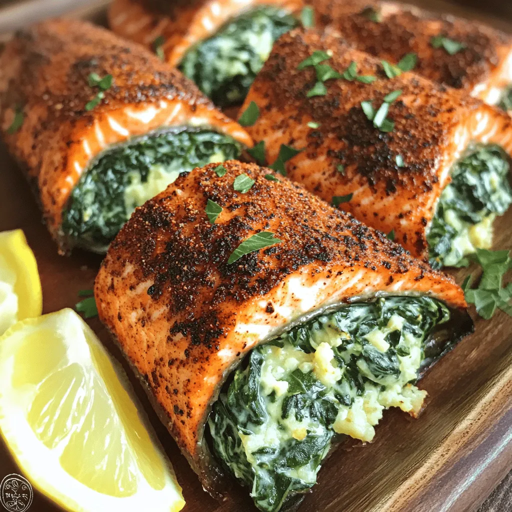 To make a great blackened salmon stuffed with spinach and Parmesan cheese, you need a few key ingredients. First, you will need four salmon fillets. Each fillet should be about six ounces. This fish is rich in flavor and healthy fats.