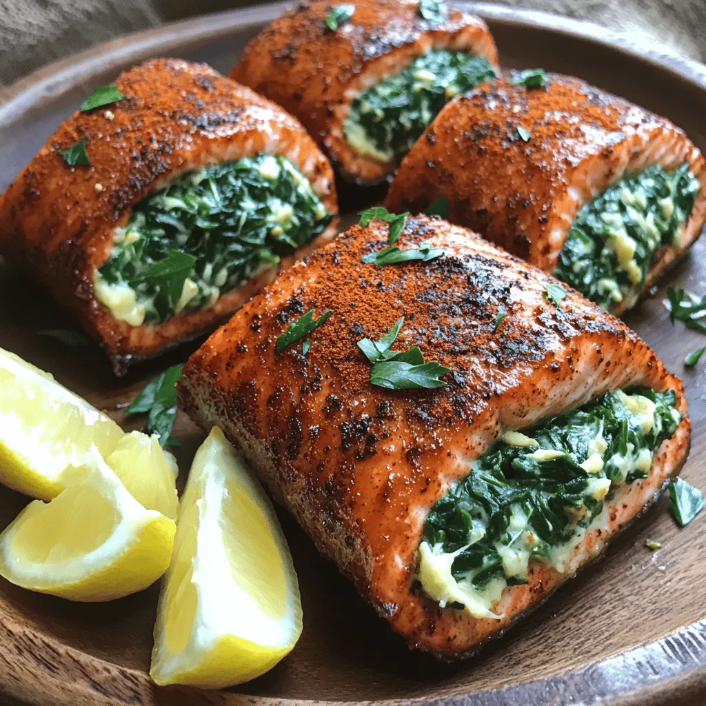 To make a great blackened salmon stuffed with spinach and Parmesan cheese, you need a few key ingredients. First, you will need four salmon fillets. Each fillet should be about six ounces. This fish is rich in flavor and healthy fats.