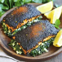 To make a great blackened salmon stuffed with spinach and Parmesan cheese, you need a few key ingredients. First, you will need four salmon fillets. Each fillet should be about six ounces. This fish is rich in flavor and healthy fats.