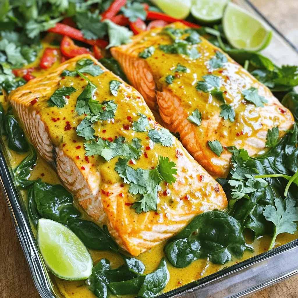 To make Coconut Curry Salmon with Garlic Butter, you need fresh ingredients. Gather four salmon fillets, each around six ounces. This fish is healthy and packed with nutrients. Next, grab a can of coconut milk, which enhances the dish's creaminess. You will also need two tablespoons of red curry paste. This adds a spicy kick to the meal.