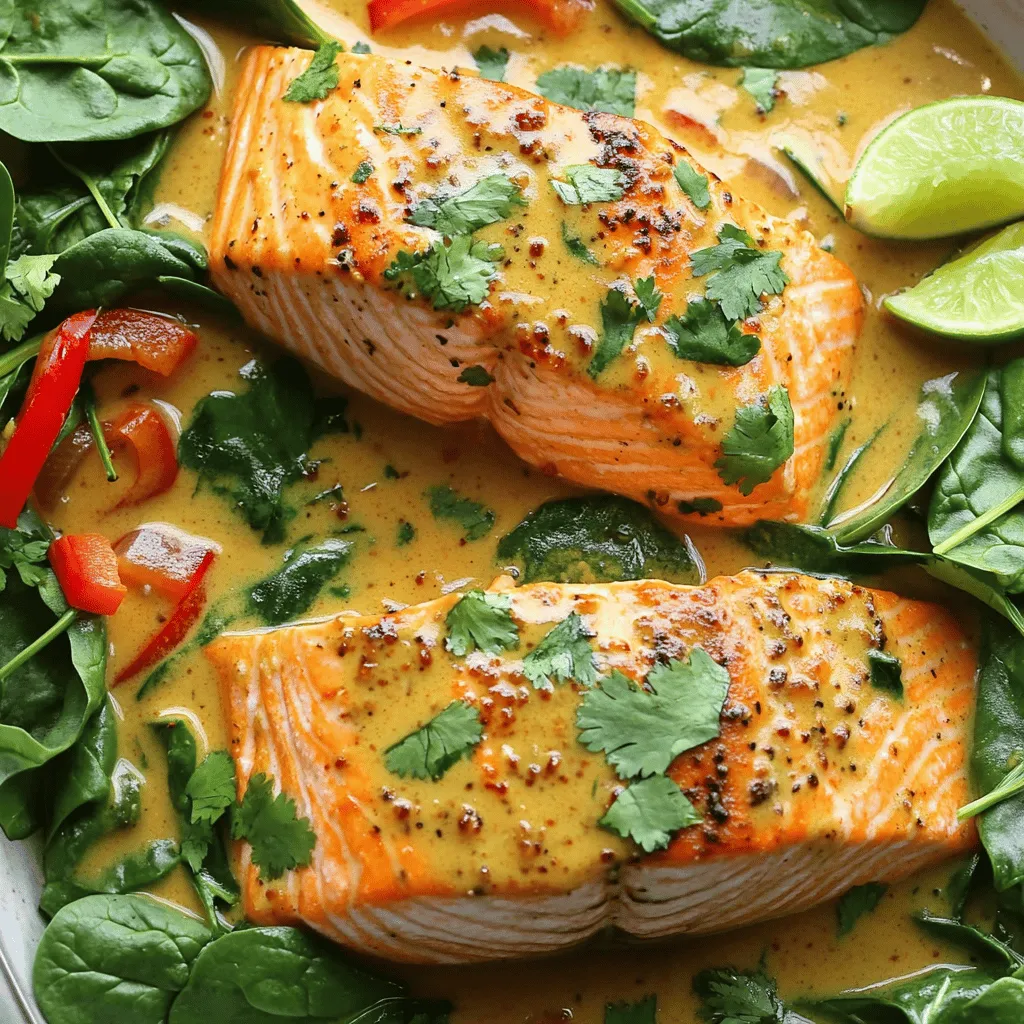 To make Coconut Curry Salmon with Garlic Butter, you need fresh ingredients. Gather four salmon fillets, each around six ounces. This fish is healthy and packed with nutrients. Next, grab a can of coconut milk, which enhances the dish's creaminess. You will also need two tablespoons of red curry paste. This adds a spicy kick to the meal.