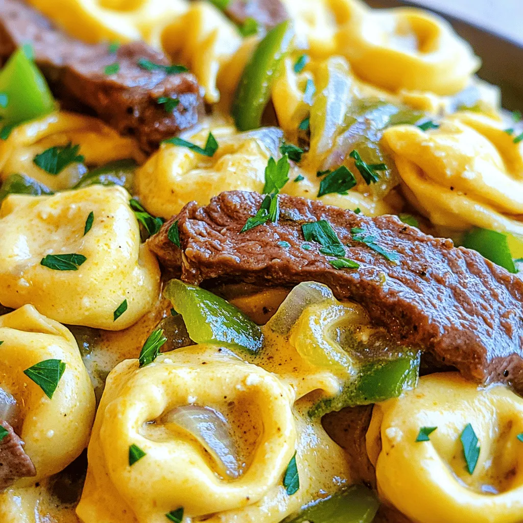 To make cheesesteak tortellini, you need some key ingredients. First, you want cheese tortellini. You can use fresh or frozen. Both work well in this dish. Next, ribeye steak is the best choice for the cheesesteak flavor. It has great marbling and taste.