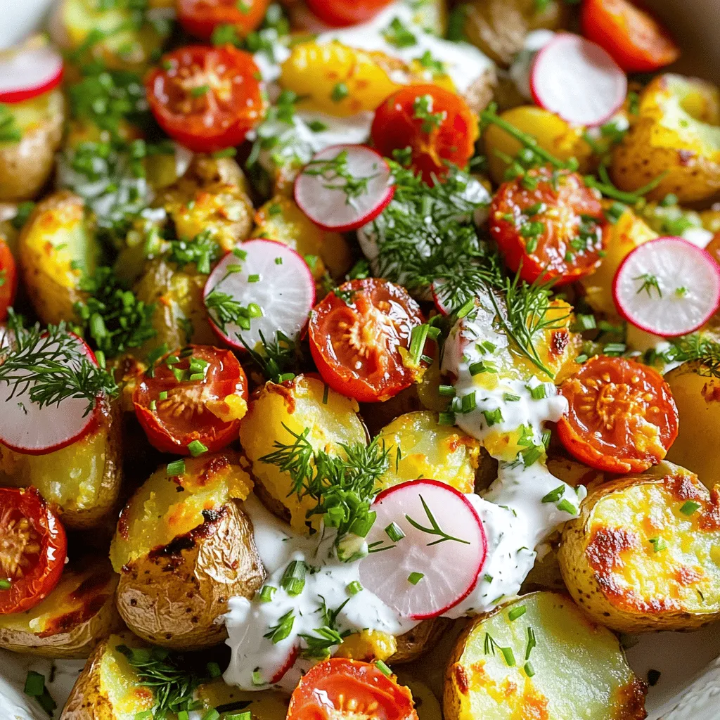 To make crispy herb smashed potato salad, you need simple, fresh ingredients. Start with 1.5 pounds of baby potatoes or Yukon Gold potatoes. These potatoes work well because they are creamy and hold their shape. You will also need olive oil, sea salt, black pepper, and garlic powder to season the potatoes.