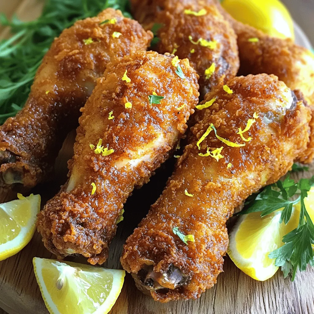 To create a tasty lemon tea fried chicken recipe, you need a few essential items. First, gather <strong>4 chicken pieces</strong> like drumsticks or thighs. The chicken is the star of the dish. Next, brew <strong>2 cups of black tea</strong> and let it cool. This tea will make a flavorful brine. You will also need <strong>1 lemon</strong> for zest and juice, which adds a bright taste.” /></p>
</p>
<h2>What Are Some Serving Suggestions for Lemon Tea Fried Chicken?</h2>
</p>
<p>Lemon tea fried chicken is a burst of flavor. To make it even better, choose the right sides. Ideal fried chicken sides include coleslaw, mashed potatoes, and cornbread. These dishes add creaminess and crunch. They balance the crispy chicken with their textures.</p>
</p>
<p>Next, think about beverages. Refreshing beverages with fried chicken enhance the meal. I love serving lemon iced tea or sweet tea. These drinks match the chicken’s citrus notes. Sparkling lemonade also offers a refreshing kick.</p>
</p>
<p>For dipping, get creative with sauces. A zesty lemon aioli pairs well with the chicken. You can also try a spicy sriracha sauce for heat. Honey mustard gives a sweet touch that complements the chicken.</p>
</p>
<p>When you serve lemon tea fried chicken, focus on balance. Choose sides, drinks, and sauces that highlight the chicken’s flavors. This will create a delightful dining experience. For the full recipe, check out the details above and enjoy your cooking!</p>
</p>
<h2>What Variations Can You Try with This Recipe?</h2>
</p>
<p>Fried chicken has many tasty styles. You can explore these unique fried chicken flavors to spice things up.</p>
</p>
<h3>Exploring Regional Variations of Fried Chicken</h3>
</p>
<p>Southern fried chicken is famous for its rich taste. You can try adding spices like cayenne or black pepper. In Korean cooking, they use a sweet and spicy sauce. This gives the chicken a different kick. In India, fried chicken often includes turmeric and cumin, adding warmth. Each region has its own twist, making fried chicken fun to explore.</p>
</p>
<h3>Infusing More Flavors: Beyond Lemon Tea</h3>
</p>
<p>While lemon tea gives a fresh taste, you can mix in other flavors. Try using green tea for a lighter taste. Consider adding fresh herbs like rosemary or thyme for depth. A splash of soy sauce can bring a savory note. You can also use fruit juices like orange or lime for a tropical flair. Experimenting with flavors keeps your fried chicken exciting.</p>
</p>
<h3>Alternative Cooking Methods to Experiment With</h3>
</p>
<p>Frying is not the only way to cook chicken. You might try baking for a healthier option. Bake at 400°F (200°C) until golden brown. Air frying is another great method. It gives you that crispy texture with less oil. You can also grill the chicken for a smoky flavor. Each method offers a new way to enjoy your chicken.</p>
</p>
<p><img decoding=