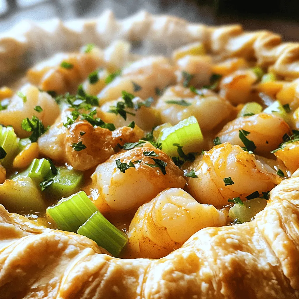 A Cajun seafood pot pie is rich and comforting. The star ingredients bring bold flavors and hearty textures. You will need shrimp, crab meat, and bay scallops. These seafood choices make a great mix. They add depth and taste to the pie.