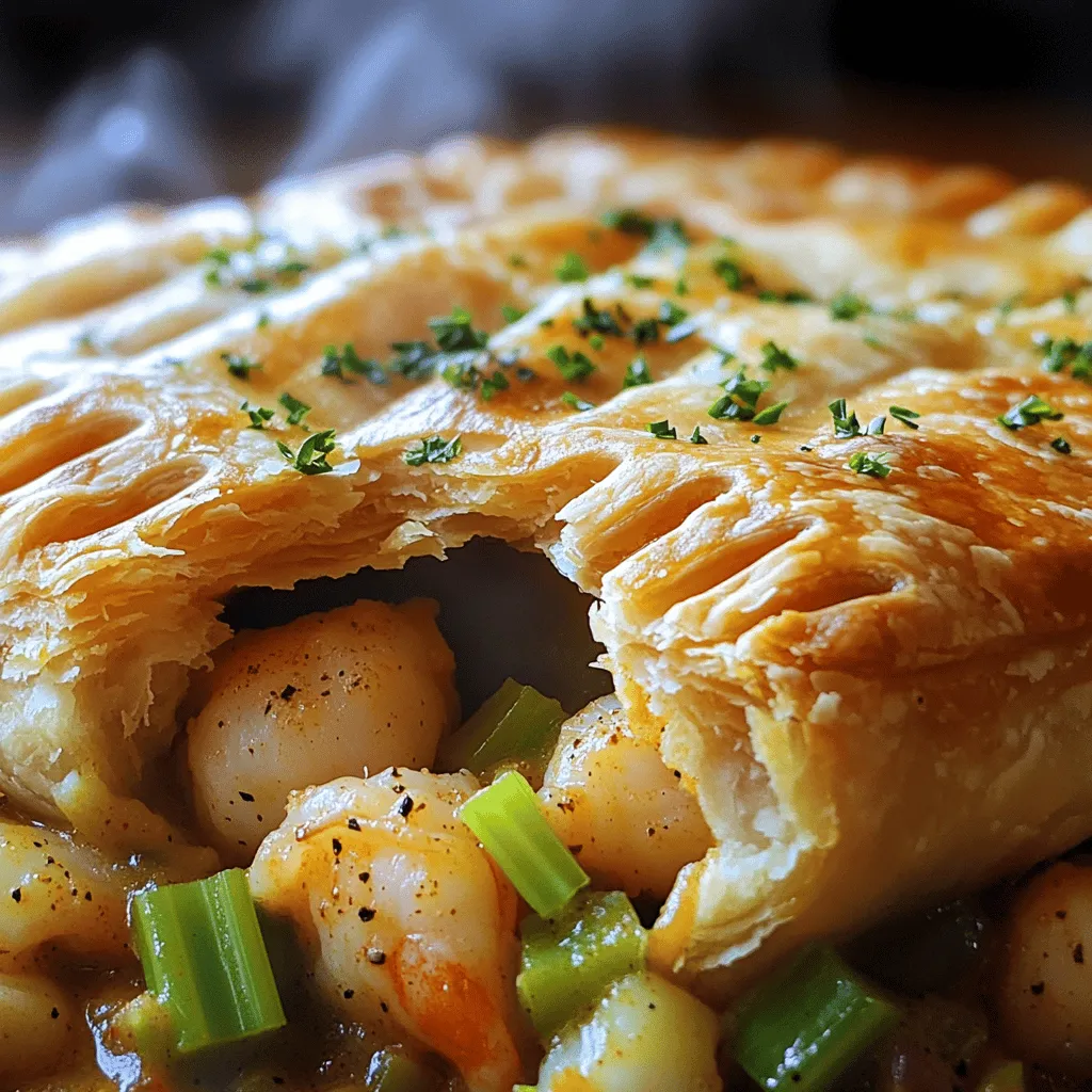A Cajun seafood pot pie is rich and comforting. The star ingredients bring bold flavors and hearty textures. You will need shrimp, crab meat, and bay scallops. These seafood choices make a great mix. They add depth and taste to the pie.