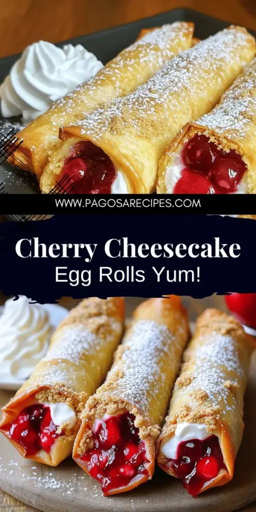 Get ready to indulge in a delightful dessert experience with Cherry Cheesecake Egg Rolls! These crispy treats combine creamy cheesecake filling and luscious cherry topping, making them an irresistible snack or dessert. Perfect for parties or a cozy night in, they’re easy to make and customizable with various fillings and toppings. Click through for the full recipe and tips to impress your friends with this unique and delicious dessert!