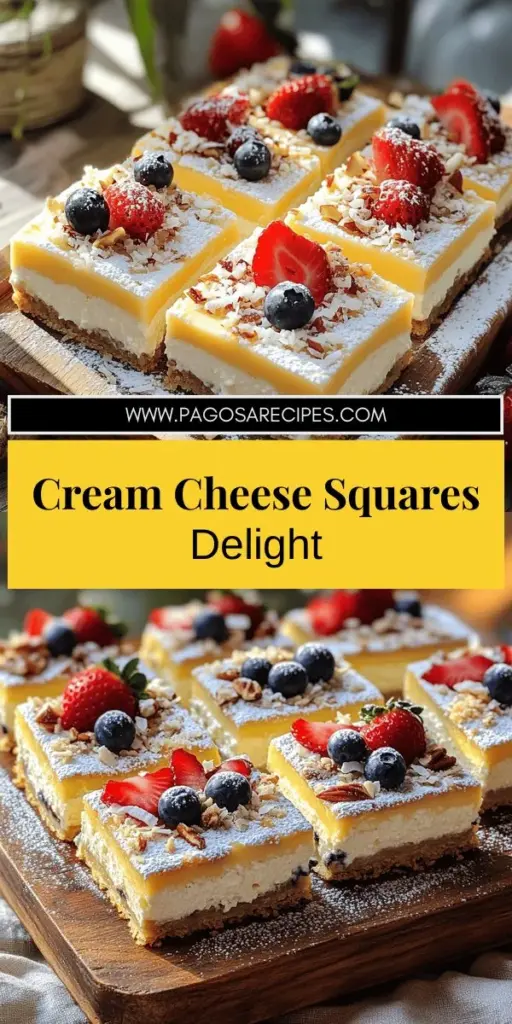 Impress your friends with the best recipe for cream cheese squares! This simple and delicious treat features a creamy filling balanced on a crunchy graham cracker crust. Perfect for gatherings and easy to customize with toppings like berries and nuts, these squares are sure to be a hit. With step-by-step instructions and tips for the perfect finish, you’ll create a dessert everyone will love. Click through to discover your new favorite recipe!