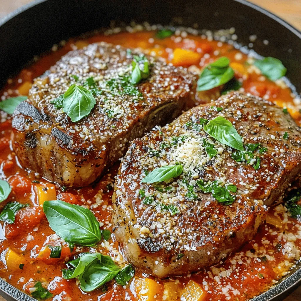 What essential ingredients make up Steak Pizzaiola? Steak Pizzaiola features thick-cut sirloin steaks, crushed tomatoes, garlic, and bell peppers. You also need olive oil, onions, and Italian herbs. Salt and black pepper add flavor too. These items create a savory dish that is both hearty and satisfying.
