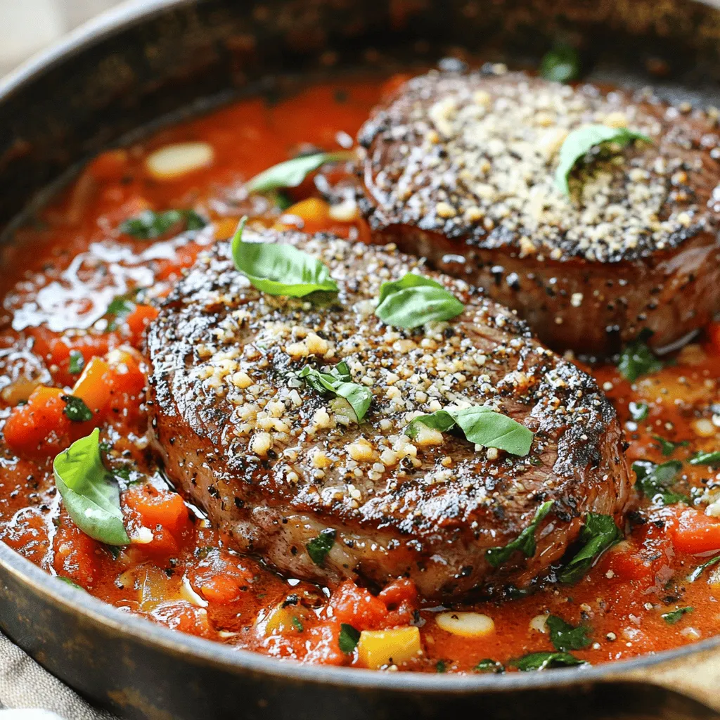What essential ingredients make up Steak Pizzaiola? Steak Pizzaiola features thick-cut sirloin steaks, crushed tomatoes, garlic, and bell peppers. You also need olive oil, onions, and Italian herbs. Salt and black pepper add flavor too. These items create a savory dish that is both hearty and satisfying.