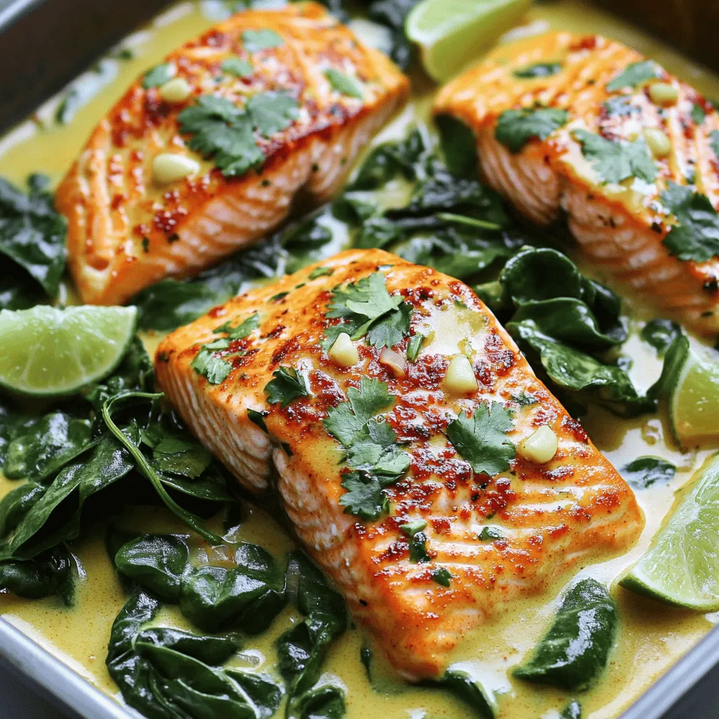 To make coconut curry salmon, you need a few key ingredients. First, you will need <strong>salmon fillets.</strong> Two fillets are perfect for this dish. Next, grab a can of <strong>coconut milk.</strong> This adds creaminess and a rich flavor. You also need <strong>red curry paste.</strong> This gives the dish its warm spice.” /></p>
</p>
<h2>What Cooking Methods Are Best for Achieving Flavorful Results?</h2>
</p>
<p>Cooking salmon well is all about technique. I love using pan-searing for this dish. It gives the salmon a crispy skin and keeps it tender inside. Start by heating your skillet over medium-high heat. The right temperature helps the fish cook evenly.</p>
</p>
<h3>What Are the Key Techniques for Making Garlic Butter?</h3>
</p>
<p>Making garlic butter is simple. First, melt unsalted butter in a small pan. Use low heat to avoid burning. Then, add minced garlic and cook for about a minute. This step brings out the garlic’s flavor. A hint of soy sauce adds depth. Pour this over your salmon for a rich finish.</p>
</p>
<h3>How Do You Combine Coconut Curry Sauce with Salmon?</h3>
</p>
<p>To combine the coconut curry sauce with salmon, start by mixing coconut milk and red curry paste in a bowl. Pour this sauce over the salmon after you flip it in the skillet. Let it simmer for five minutes. This allows the flavors to meld perfectly.</p>
</p>
<h3>What Cooking Methods Highlight the Flavor of Salmon?</h3>
</p>
<p>Pan-searing is my favorite method for cooking salmon. It enhances the fish’s natural taste. Searing creates a crunchy layer while keeping the inside moist. You can also broil salmon for a quick cook. This method adds a smoky flavor. Both ways highlight the salmon’s savory profile.</p>
</p>
<p>You can find the full recipe for Coconut Curry Salmon with Garlic Butter in the article. Enjoy cooking!</p>
</p>
<h2>How Can You Pair Coconut Curry Salmon with Side Dishes?</h2>
</p>
<h3>What Are Ideal Side Dishes to Serve with This Curry?</h3>
</p>
<p>Coconut curry salmon pairs well with many side dishes. You can serve it with rice, quinoa, or even noodles. Steamed vegetables add a nice crunch and color. Broccoli, carrots, or green beans work great. If you want a fresh touch, a salad with mixed greens is perfect.</p>
</p>
<h3>How Can You Create a Complete Meal in 25 Minutes?</h3>
</p>
<p>To make a full meal in 25 minutes, prep your sides while the salmon cooks. Start the rice or quinoa first. While it cooks, you can prepare the salmon. This way, both will be ready at the same time. Use a timer to keep track.</p>
</p>
<h3>What Are Some Quick and Healthy Pairing Ideas?</h3>
</p>
<p>For quick and healthy options, think about a simple stir-fry. Use your favorite veggies and cook them in a hot pan. You can also make a fruit salsa. Diced mango or pineapple adds a sweet touch. If you want something lighter, serve with a cucumber salad.</p>
</p>
<p>With these side dishes, your coconut curry salmon will shine. It becomes a tasty and balanced meal in no time. Check out the Full Recipe for more details on cooking the salmon.</p>
</p>
<p><img decoding=
