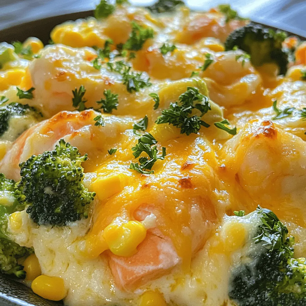To make this dish, you need fresh salmon, shrimp, broccoli, and corn. First, let’s talk about salmon. Choose fillets that are bright pink and smell like the ocean. The flesh should be firm and moist. This ensures you get the best taste and texture.