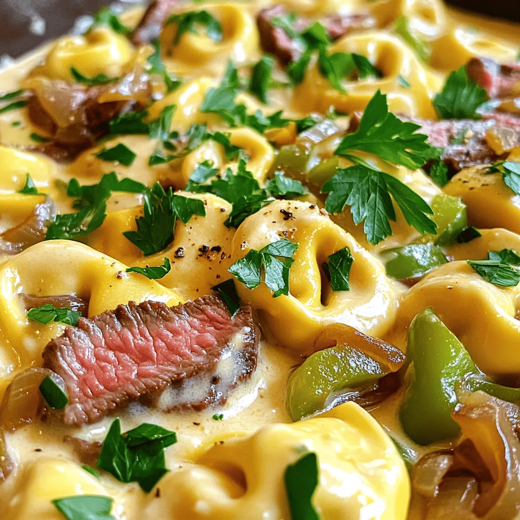 The ingredients for cheesesteak tortellini make this dish rich and tasty. You need 12 oz of cheese tortellini. This pasta gives a soft and cheesy base. Next, you’ll require 1 lb of ribeye steak, thinly sliced. The steak adds a savory, meaty flavor that is key to this dish.