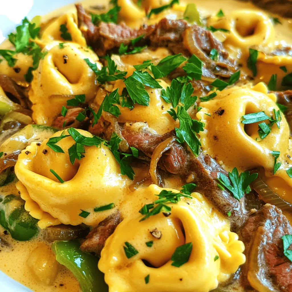 The ingredients for cheesesteak tortellini make this dish rich and tasty. You need 12 oz of cheese tortellini. This pasta gives a soft and cheesy base. Next, you’ll require 1 lb of ribeye steak, thinly sliced. The steak adds a savory, meaty flavor that is key to this dish.