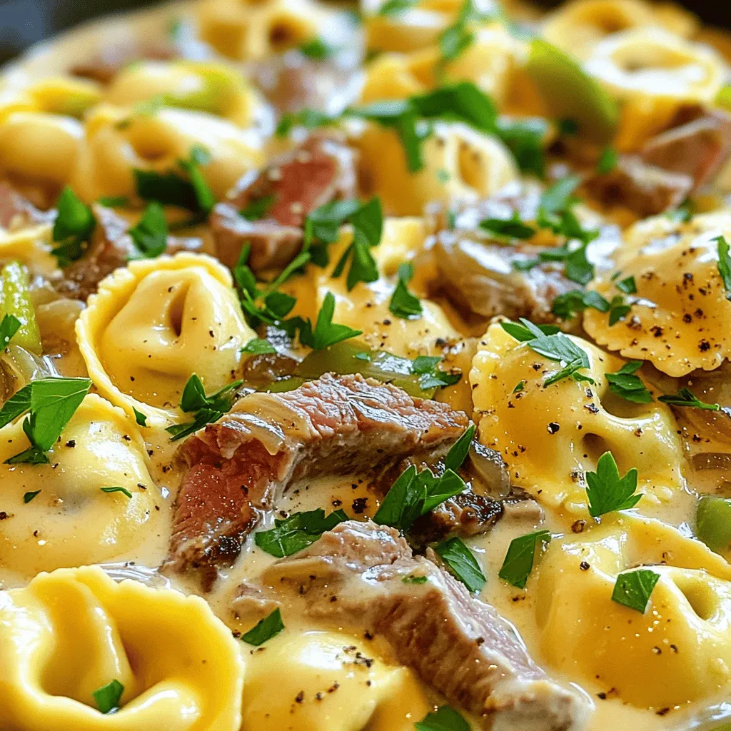 The ingredients for cheesesteak tortellini make this dish rich and tasty. You need 12 oz of cheese tortellini. This pasta gives a soft and cheesy base. Next, you’ll require 1 lb of ribeye steak, thinly sliced. The steak adds a savory, meaty flavor that is key to this dish.