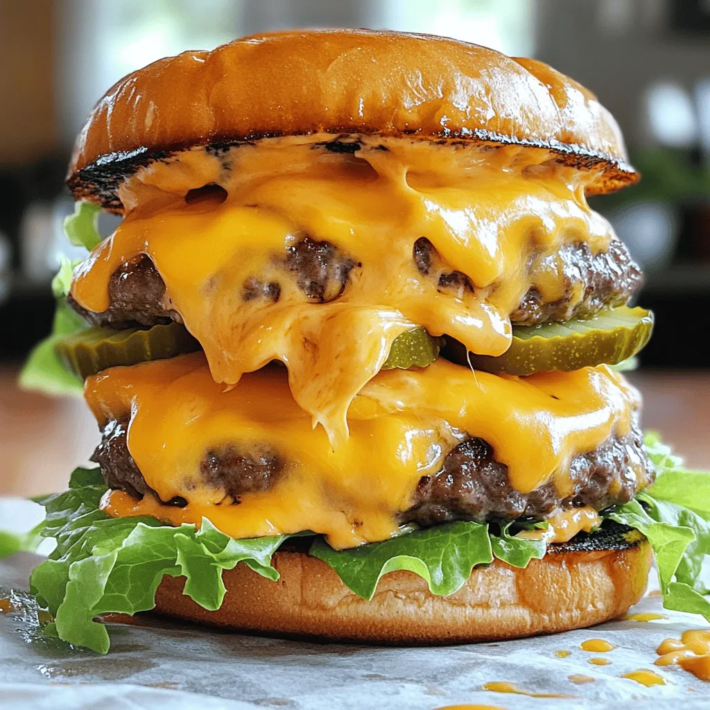 To make a double cheesy smash burger, you need a few key ingredients. Start with 1 lb of ground beef, using an 80/20 blend. This fat ratio gives the burger flavor and juiciness. Next, you’ll want 4 slices of American cheese and 4 slices of sharp cheddar cheese. This cheese combo melts well and adds rich flavor.