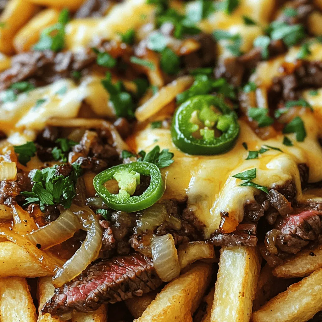 When making Philly cheesesteak fries, you need some key ingredients. First, the base is the fries. I love using large russet potatoes. They fry up crispy and hold the toppings well. You should cut them into thin strips, about 1/4 inch thick.