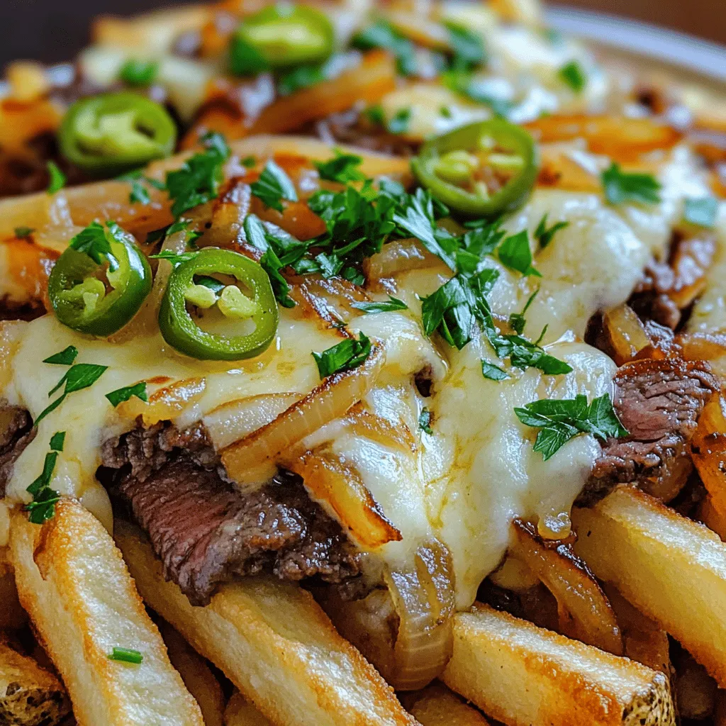 When making Philly cheesesteak fries, you need some key ingredients. First, the base is the fries. I love using large russet potatoes. They fry up crispy and hold the toppings well. You should cut them into thin strips, about 1/4 inch thick.