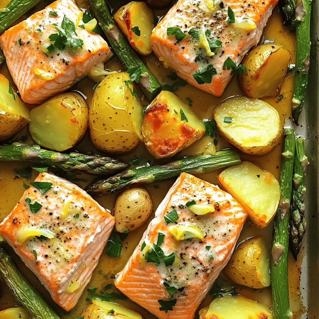 This dish needs fresh salmon, asparagus, and baby potatoes. Each ingredient plays a key role in flavor and texture.