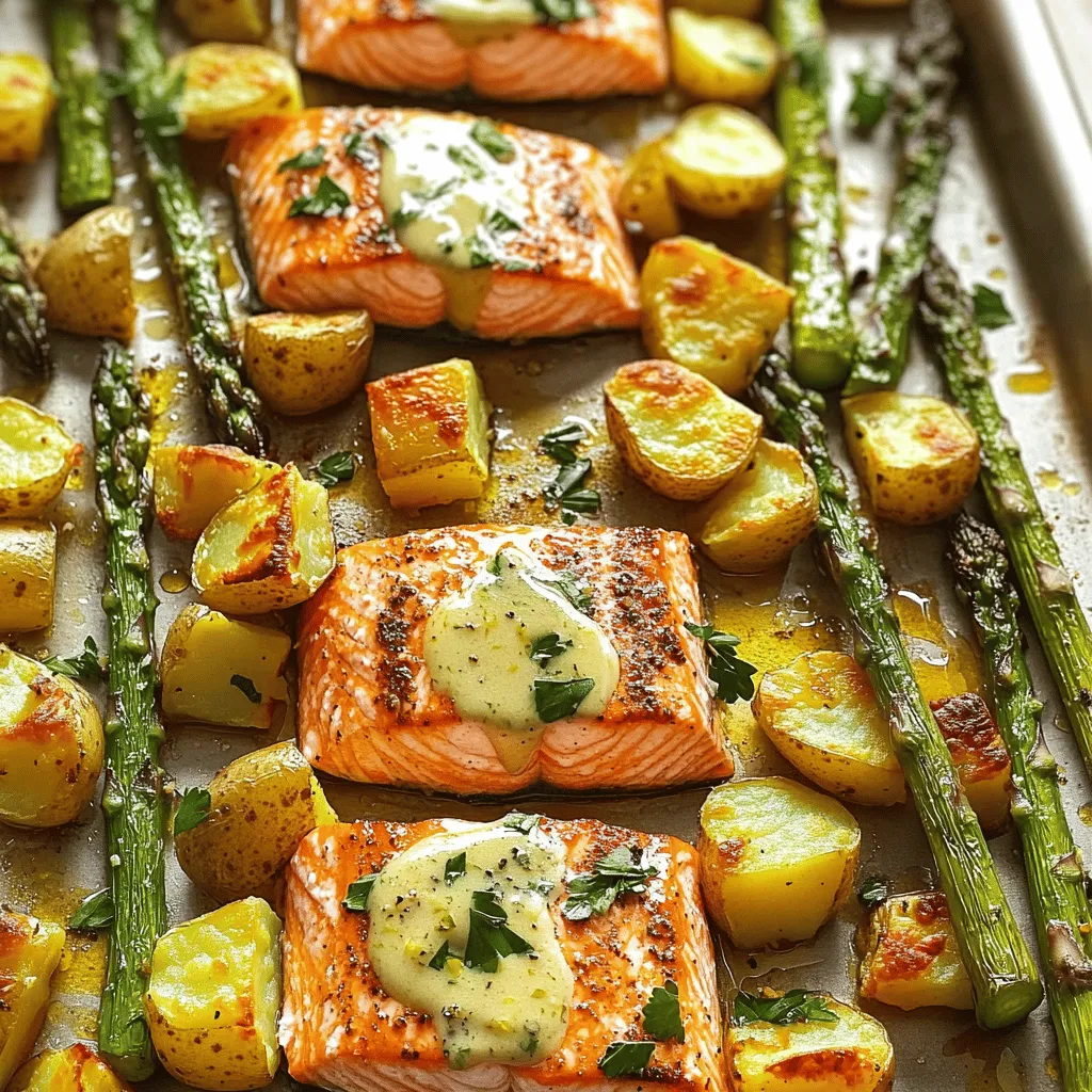 This dish needs fresh salmon, asparagus, and baby potatoes. Each ingredient plays a key role in flavor and texture.