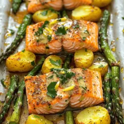 This dish needs fresh salmon, asparagus, and baby potatoes. Each ingredient plays a key role in flavor and texture.