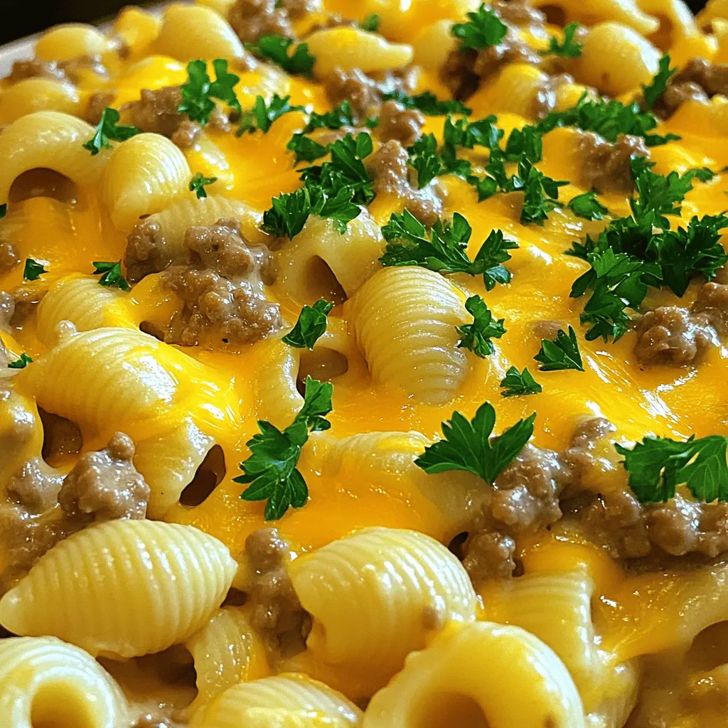 To make the creamy beef and shells recipe, you need simple, fresh ingredients. Start with <strong>1 pound of ground beef</strong>. This gives the dish its hearty flavor. Next, grab <strong>8 ounces of medium shell pasta</strong>. This pasta shape holds the creamy sauce well. You also need <strong>2 cups of beef broth</strong> for depth of flavor. Don’t forget <strong>1 cup of heavy cream</strong> for richness and <strong>1 cup of shredded cheddar cheese</strong> for that gooey texture.” /></p>
</p>
<h2>What Are the Key Variations for Creamy Beef and Shells?</h2>
</p>
<p>You can change the creamy beef and shells recipe in many ways. First, try using turkey or chicken instead of beef. This makes the dish lighter but still tasty. You can also swap the shell pasta for whole wheat or gluten-free pasta. This helps meet dietary needs without losing flavor.</p>
</p>
<p>For a healthy twist, add veggies like spinach or peas. These greens give extra nutrients and color. You can mix in some chopped bell peppers for a sweet crunch. If you want a spicy kick, consider adding red pepper flakes or diced jalapeños.</p>
</p>
<p>To enhance the flavor, try adding different cheeses. Parmesan or mozzarella can give a unique taste. You can also stir in some cream cheese for extra creaminess. Fresh herbs like basil or thyme can brighten the dish too.</p>
</p>
<p>If you want to explore international flavors, think about adding soy sauce or sesame oil for an Asian twist. A sprinkle of taco seasoning can give it a fun Mexican flair. The key is to experiment while keeping the basics the same.</p>
</p>
<p>These variations make creamy beef and shells a fun dish. You can always find new ways to enjoy it.</p>
</p>
<h2>How Can You Best Present and Serve Creamy Beef and Shells?</h2>
</p>
<p>To make your creamy beef and shells shine, focus on visual appeal. Serve the dish in a large bowl. This allows everyone to see the creamy sauce and tender pasta. You can sprinkle fresh parsley on top for color. It adds a nice touch and a hint of flavor.</p>
</p>
<p>Consider using a shallow dish instead of a deep bowl. A shallow dish lets the sauce spread out. This means more people can see the delicious food. You can also serve this dish with crusty bread or a simple salad. These sides balance the richness of the creamy beef and shells.</p>
</p>
<p><strong>What Sides Pair Well with This Dish?</strong></p>
<p>Pair your creamy beef and shells with easy sides. Garlic bread is a favorite. It complements the dish without overpowering it. A green salad with a light vinaigrette is another great option. The crispness of the salad adds a fresh taste. Steamed vegetables, like broccoli or green beans, work well too. They bring color and nutrients to the meal.</p>
</p>
<p><strong>How Can You Make Family Meals More Engaging?</strong></p>
<p>Involve your kids when making this recipe. Let them help with simple tasks. They can stir the pasta or sprinkle cheese. This makes cooking fun and teaches them skills. You can also set the table together. Let them choose plates or arrange utensils. This builds excitement for dinner.</p>
</p>
<p>Make meal time a family event. Share stories or talk about your day while eating. This creates a warm atmosphere. Everyone will enjoy the food and each other’s company.</p>
</p>
<p><img decoding=