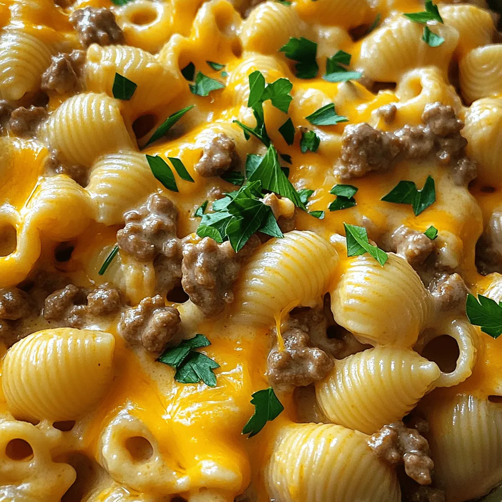 To make the creamy beef and shells recipe, you need simple, fresh ingredients. Start with 1 pound of ground beef. This gives the dish its hearty flavor. Next, grab 8 ounces of medium shell pasta. This pasta shape holds the creamy sauce well. You also need 2 cups of beef broth for depth of flavor. Don’t forget 1 cup of heavy cream for richness and 1 cup of shredded cheddar cheese for that gooey texture.