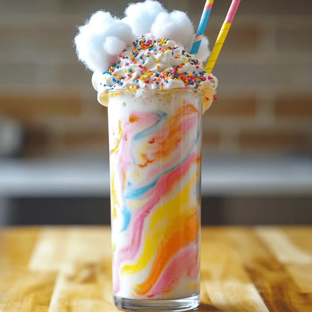 To make a cotton candy milkshake, you need a few key ingredients. First, you will need <strong>2 cups of vanilla ice cream</strong>. This gives the shake a creamy base. Next, use <strong>1 cup of whole milk</strong>. The milk helps blend everything smoothly. You will also need <strong>1 cup of cotton candy</strong>, fluffy and fresh. This is the star of the show!” /></p>
</p>
<h2>What are some popular variations of cotton candy milkshakes?</h2>
</p>
<p>Cotton candy milkshakes can be a fun treat, and there are many ways to change them up. One popular variation is the fruity twist. You can add flavors like strawberry or blueberry to your shake. This adds a nice fruity touch that contrasts with the sweetness of cotton candy.</p>
</p>
<p>Another fun idea is to make a chocolate cotton candy milkshake. Just mix in some chocolate syrup or chocolate ice cream. This gives a rich flavor that pairs well with cotton candy. You can also layer your milkshake with chocolate sauce for a fun look.</p>
</p>
<p>If you’re feeling adventurous, try a cotton candy milkshake float. Just add a scoop of cotton candy ice cream on top. This adds a creamy element and makes it extra special.</p>
</p>
<h3>How can I customize my cotton candy milkshake with toppings?</h3>
</p>
<p>Toppings can take your cotton candy milkshake to the next level. Whipped cream is a must; it adds a light, fluffy texture. You can also sprinkle colorful candies on top for a fun look. Think mini marshmallows or rainbow sprinkles.</p>
</p>
<p>You can add a drizzle of chocolate or caramel sauce as well. This adds sweetness and a beautiful shine. For a fun twist, you could even add popcorn or cookie crumbles on top. This gives a crunchy contrast to the soft milkshake.</p>
</p>
<h3>What flavors can I mix with cotton candy?</h3>
</p>
<p>Cotton candy has a sweet, airy taste. It pairs well with many flavors. Vanilla is always a classic choice. It lets the cotton candy shine without competing.</p>
</p>
<p>You can also mix in flavors like bubblegum or raspberry. These fruity tastes add a pop of color and flavor. If you want something bold, try mixing in mint or coconut. These flavors can create an exciting taste experience.</p>
</p>
<h3>Are there alcoholic versions of the cotton candy milkshake?</h3>
</p>
<p>Yes, there are fun alcoholic versions of the cotton candy milkshake! You can add a splash of flavored vodka to your shake. This gives it a kick while keeping the sweet flavor.</p>
</p>
<p>For a more adult twist, try adding a bit of champagne. It adds bubbles and a touch of class. Just be careful not to overpower the cotton candy flavor.</p>
</p>
<p>You can find recipes online for full ideas on how to make these fun drinks. The Full Recipe gives you a great starting point for your cotton candy milkshake.</p>
</p>
<h2>What are the best toppings for a cotton candy milkshake?</h2>
</p>
<p>When it comes to the best cotton candy milkshake toppings, there are many fun choices. Classic toppings are a great start. You can use whipped cream, sprinkles, and extra cotton candy. These toppings add sweetness and color. They make your milkshake look and taste even better.</p>
</p>
<p><strong>What are classic topping choices?</strong></p>
<p>Whipped cream is a must. It adds a light, fluffy texture. Sprinkles give a fun crunch and color. You can also add chocolate syrup for a tasty twist. All these toppings work well with the sweet cotton candy flavor.</p>
</p>
<p><strong>Can I use seasonal or themed toppings?</strong></p>
<p>Yes! You can get creative with seasonal toppings. For Halloween, try adding orange sprinkles or spooky candy. For summer, fresh fruit like strawberries or blueberries can brighten your shake. Themed toppings make your milkshake special and fun for any occasion.</p>
</p>
<p><strong>How do toppings enhance the presentation and flavor?</strong></p>
<p>Toppings play a key role in making your milkshake look great. They create layers of color and texture. This makes your drink appealing for photos. The different flavors from the toppings also mix with the milkshake. This adds depth and excitement to each sip. You can follow the full recipe to create this delightful treat and experiment with your favorite toppings!</p>
</p>
<p><img decoding=