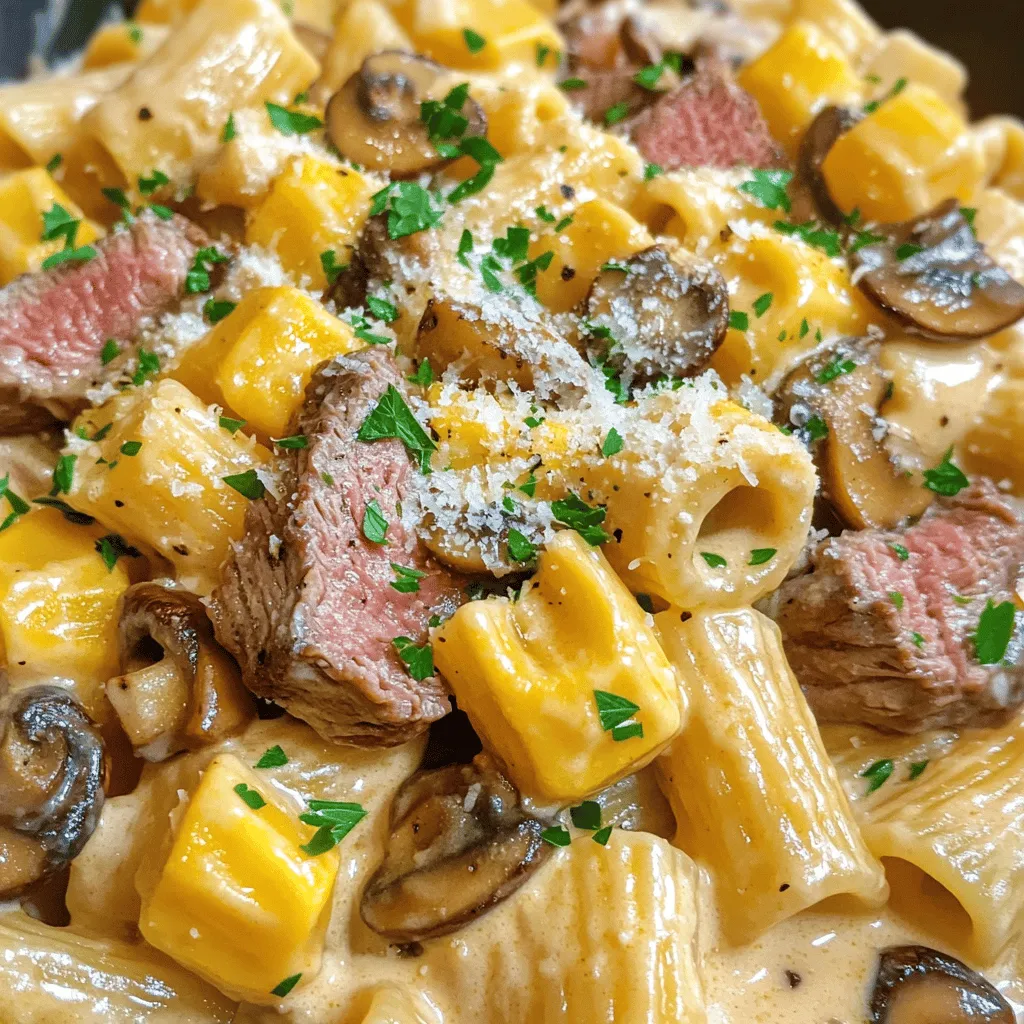 What are the key ingredients for this dish? The main ingredients for this creamy steak rigatoni recipe include rigatoni pasta, ribeye steak, and cremini mushrooms. You also need a small yellow onion, garlic, heavy cream, and beef broth. Worcestershire sauce, Dijon mustard, olive oil, and unsalted butter add depth. Lastly, Parmesan cheese, salt, and pepper enhance flavor.